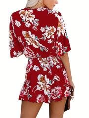 Boho V Neck Half Sleeve Jumpsuit Tie Waist Casual Jumpsuit