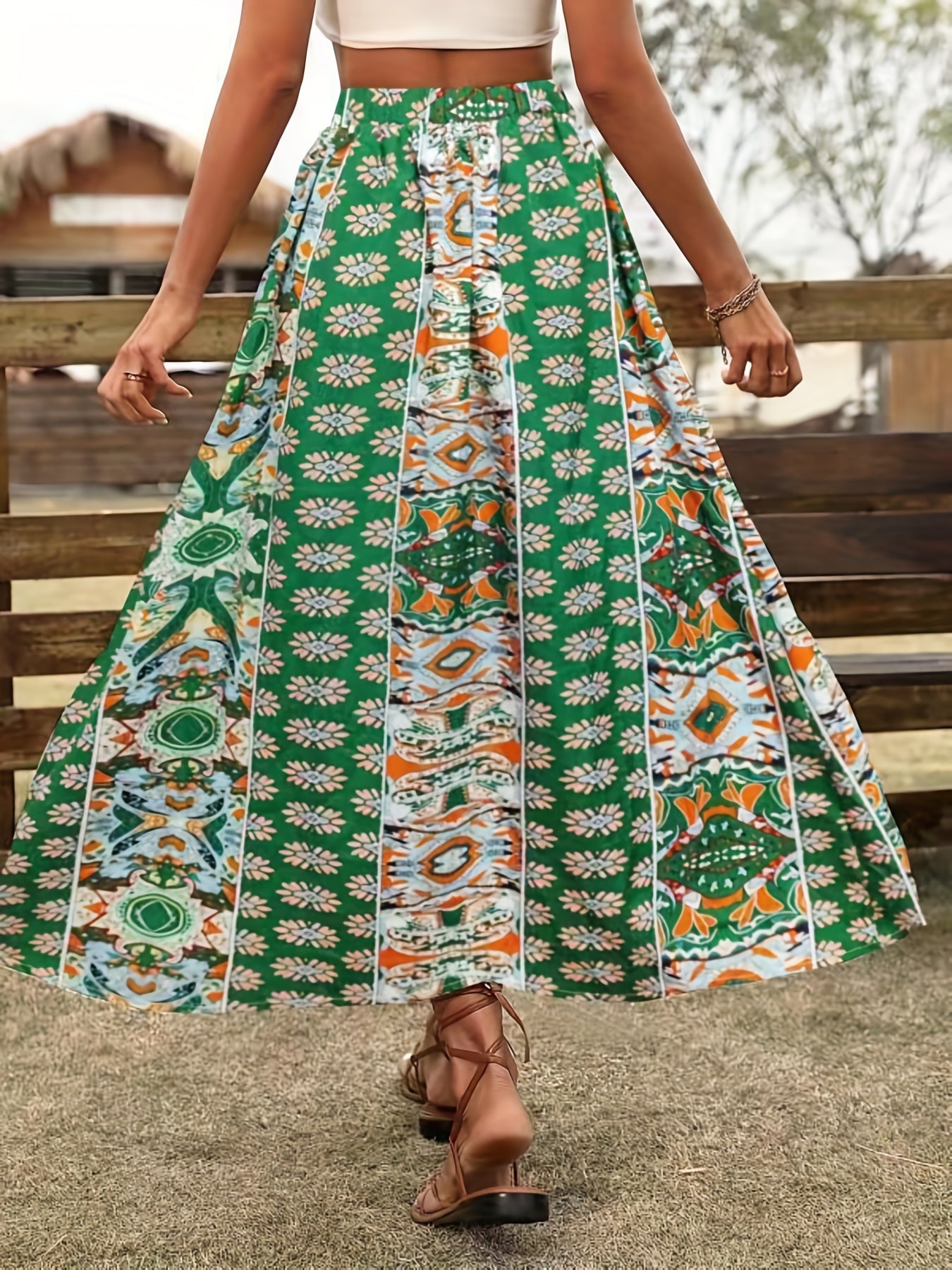 Boho Floral Print Elastic Waist Skirt Casual Skirt