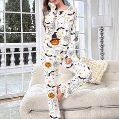 Halloween Pumpkin Print Pajama Set Long Sleeve Crew Neck Top & Pants Sleepwear
