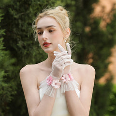 3D Floral Bridal Gloves Pastel Pink Soft Tulle Cuff Short Prom Special Occasions