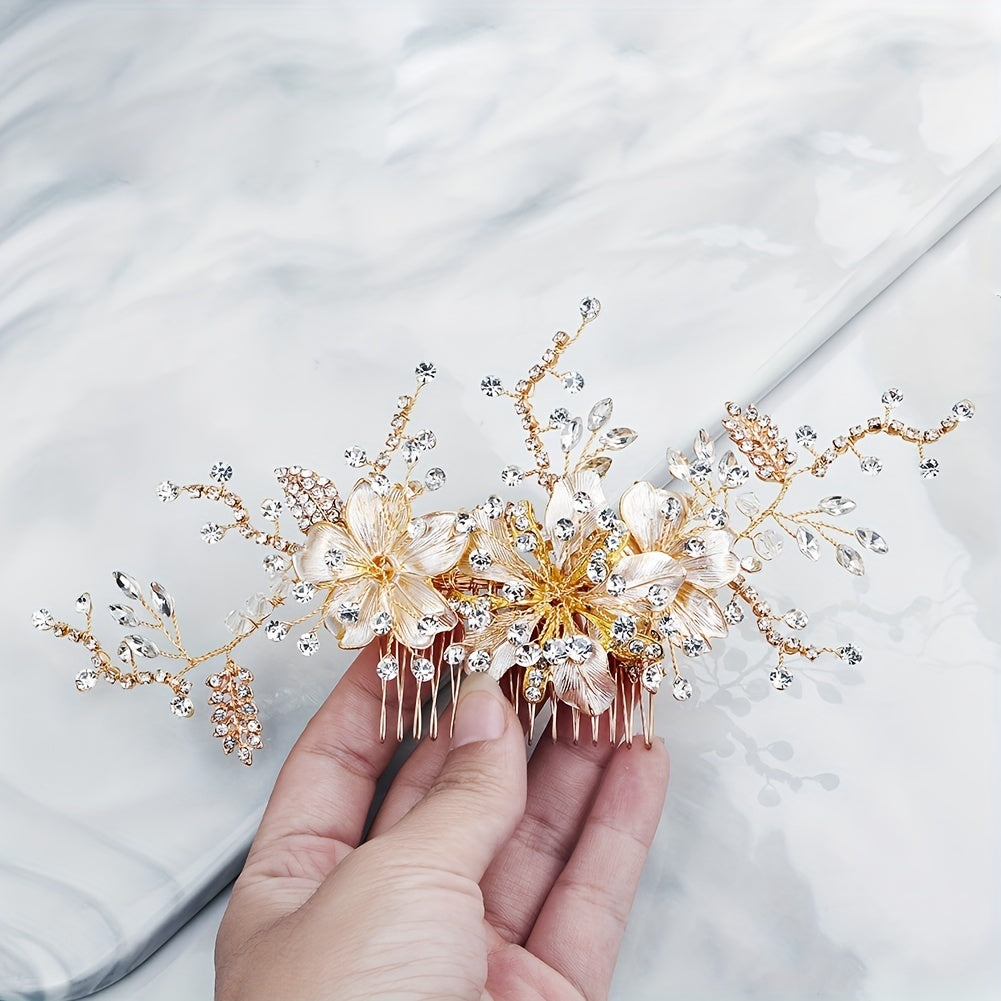 Flower & Rhinestone Hair Comb Bridal Wedding Headwear Hair Accessory