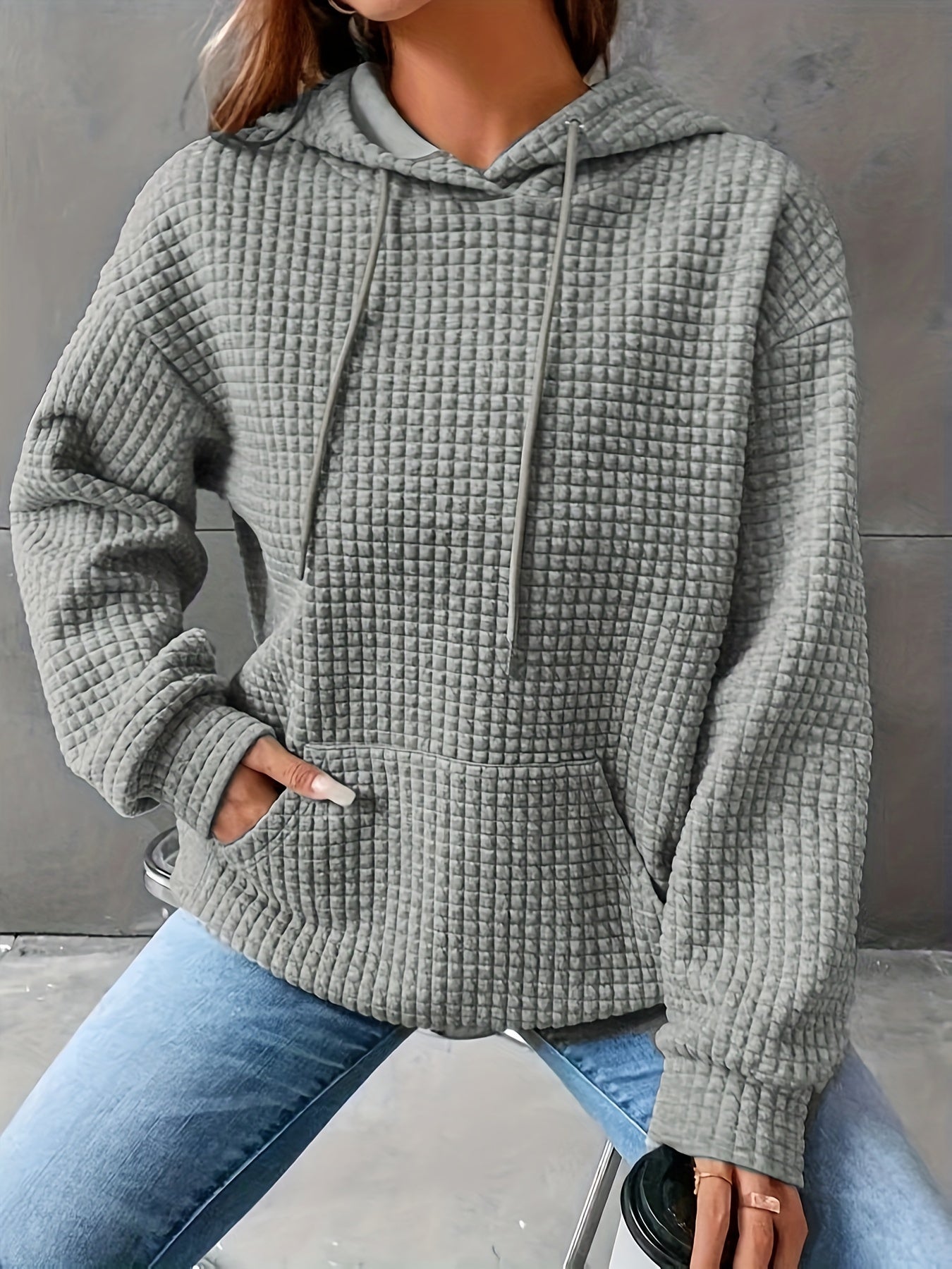 Solid Textured Hooded Sweatshirt & Mini Skirt Outfits Set