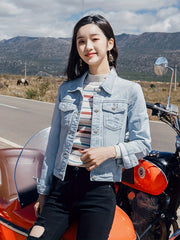 Long Sleeves Denim Jackets Mid Stretch Flap Pockets Single Breasted