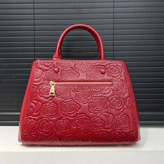 Floral Embossed Leather Tote Bag with Zipper Closure