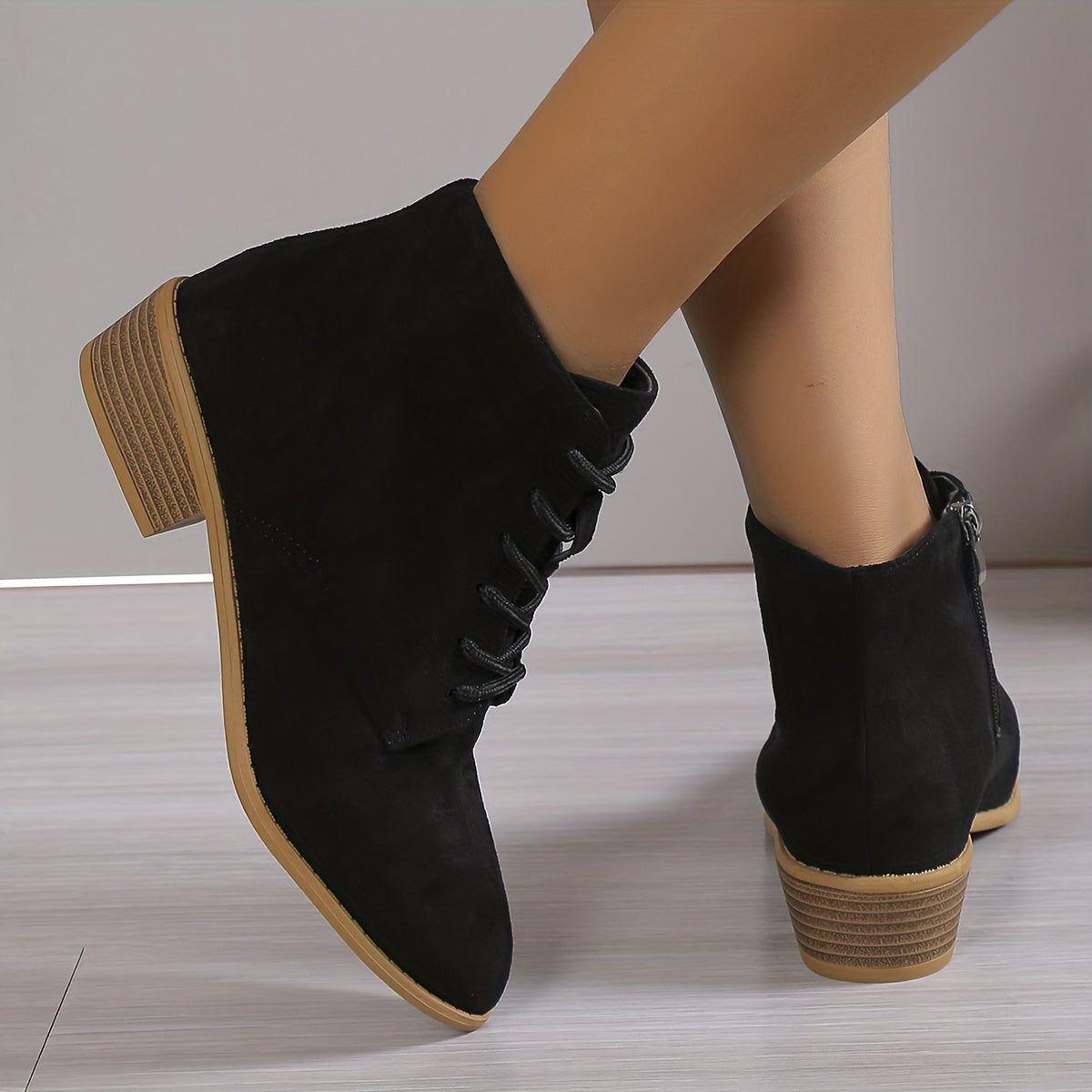 Women's Chunky Heel Ankle Boots Side Zipper Pointed Toe Outdoor Shoes