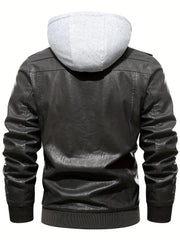 Men's PU Leather Hooded Jacket for Outdoor Cycling