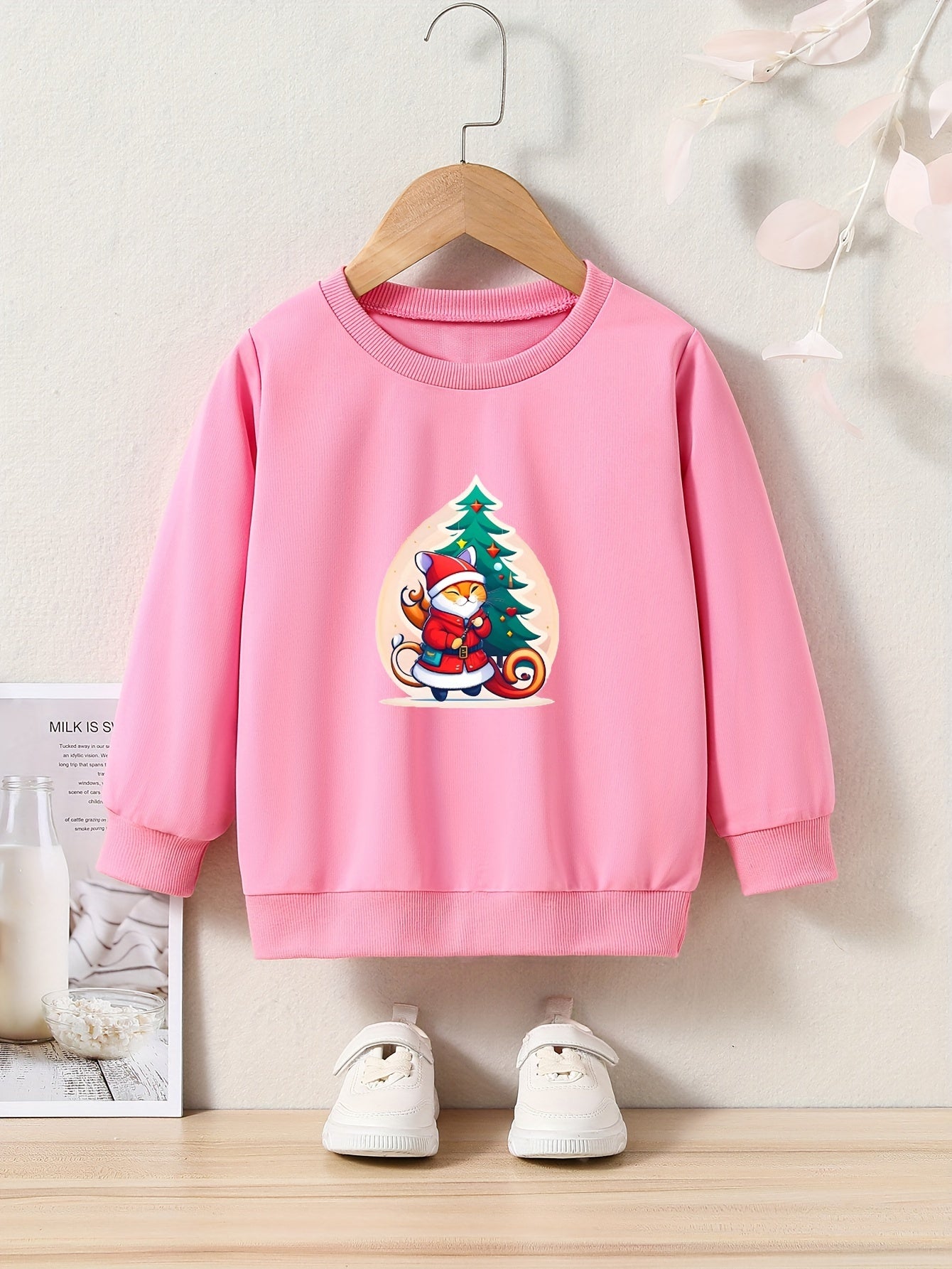 Christmas Cat Santa And Tree Print Girls Casual Pullover Sweatshirt