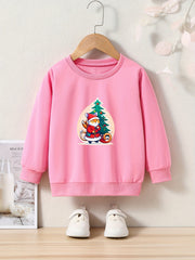 Christmas Cat Santa And Tree Print Girls Casual Pullover Sweatshirt