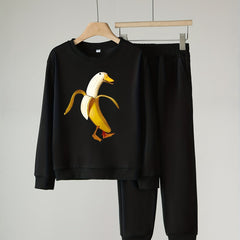 Banana Goose Pattern Boy's 2pcs Sweatshirt & Solid Sweatpants Set