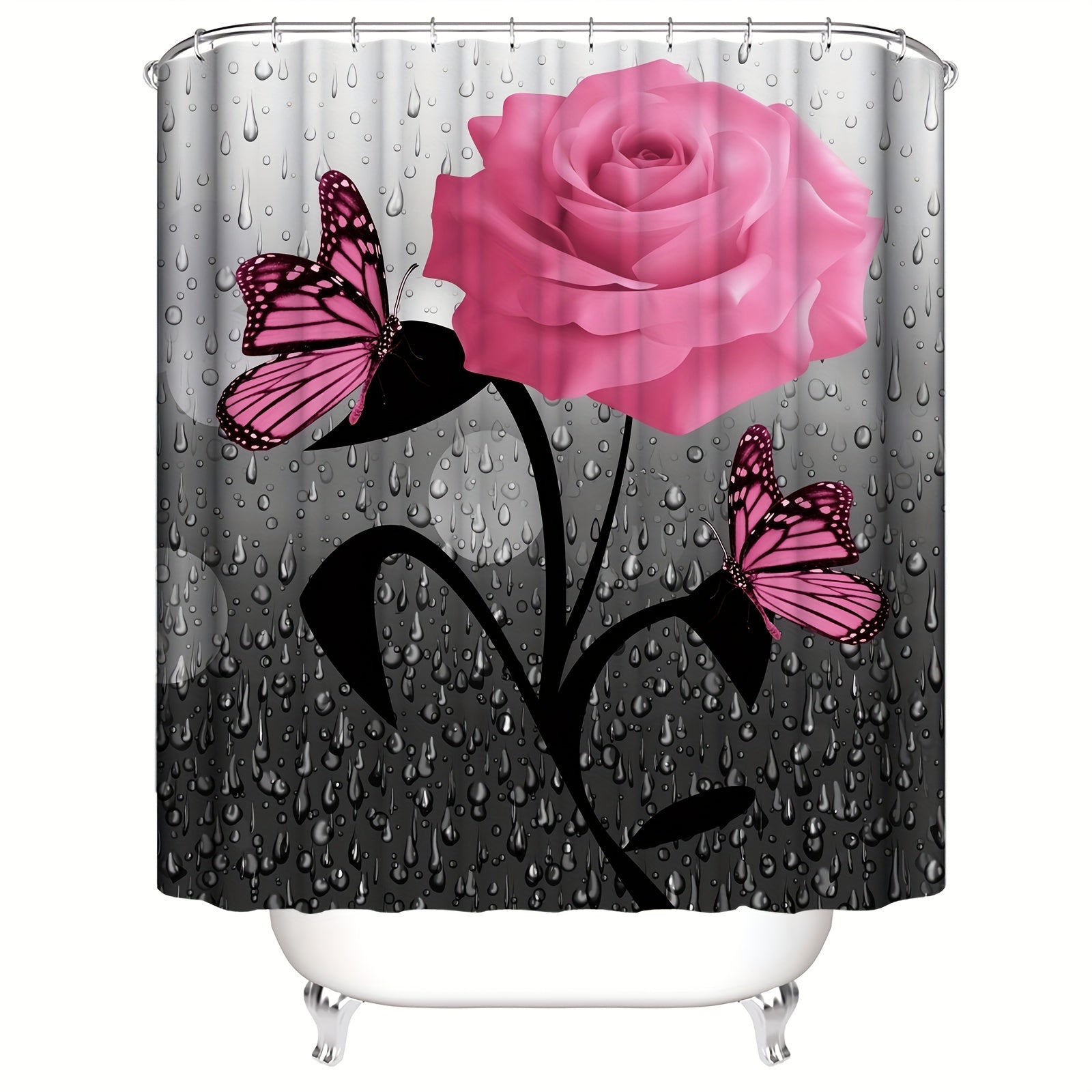 Romantic Pink Rose Butterfly Shower Curtain Set
