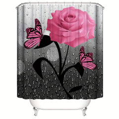 Romantic Pink Rose Butterfly Shower Curtain Set