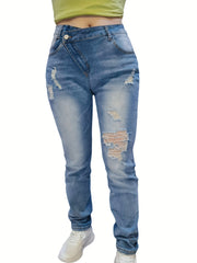 Ripped Asymmetric Mid Waist Button Fly Stretch Jeans