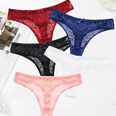 5 Pack Plus Size Sexy Lace Thongs Set Soft Breathable Bow Front Panties