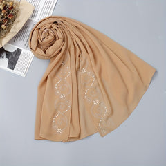 Khaki Chiffon Scarf Hijab Rhinestone Decor Shawl