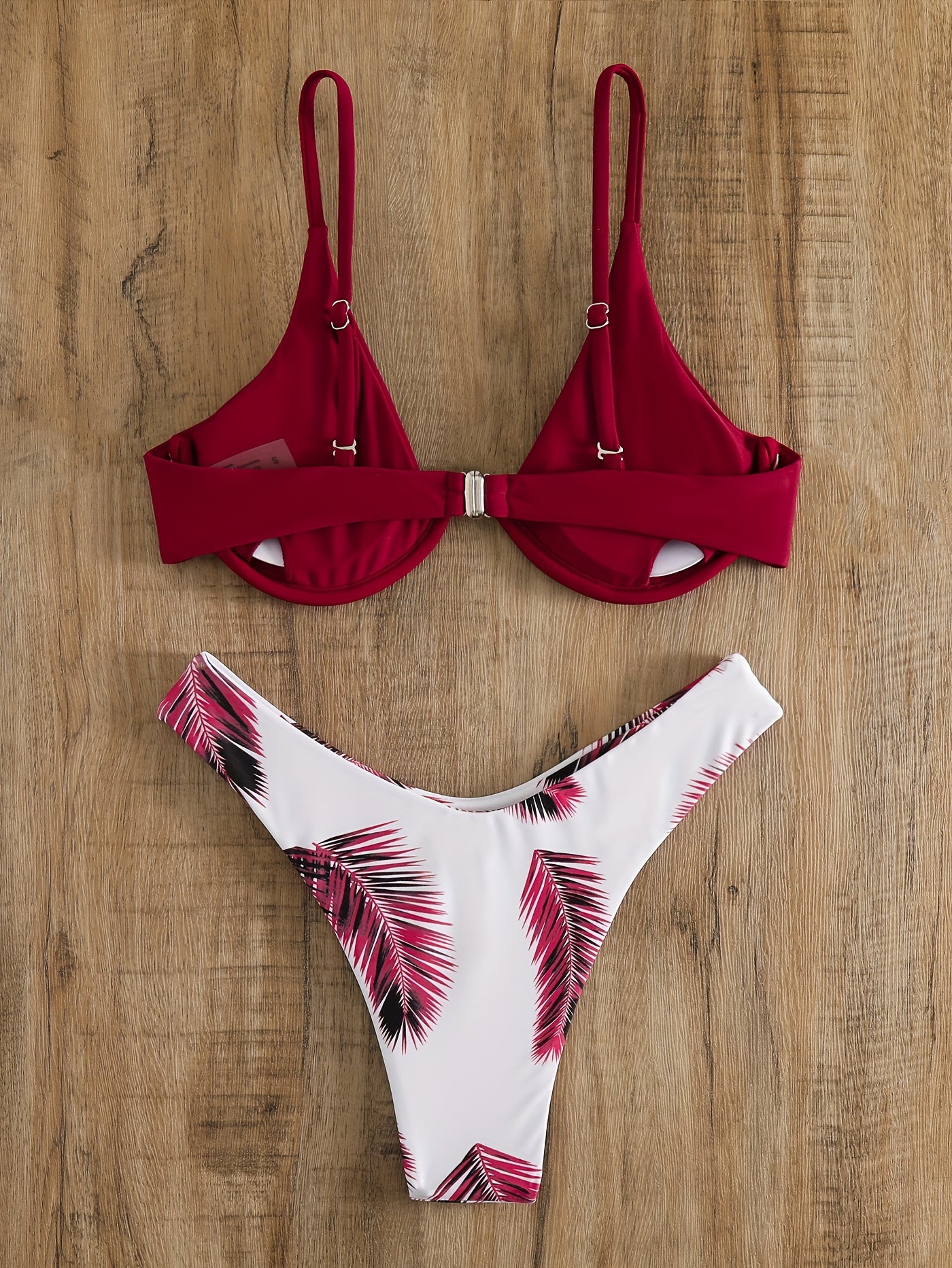 Burgundy Leaf Print Bikini Set V Neck Backless High Cut Two Piece Swimsuit