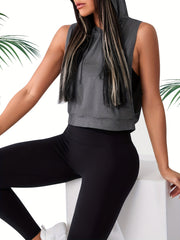 Solid Sports Hooded Tank Top Fitness Running Vest T shirt Women's Activewear