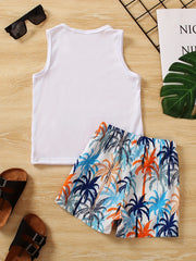 2pcs Summer Coconut Tree Boys Sleeveless Tank Tops&Shorts Set