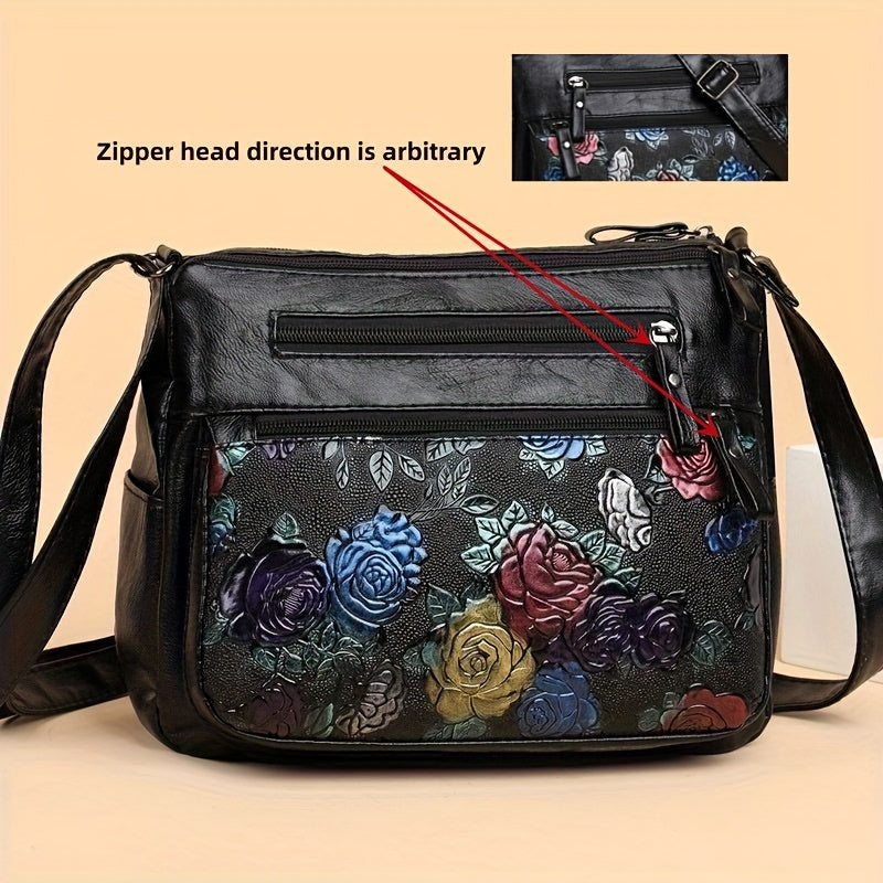 Vintage Flower Embossed Hobo Shoulder Bag Solid Crossbody Bag