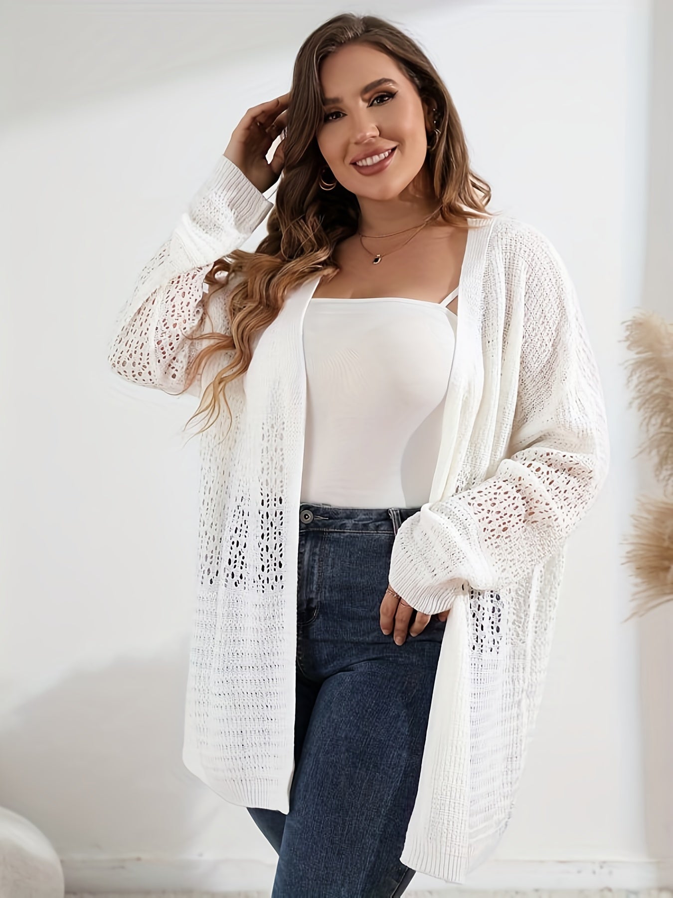 Women's Plain Pointelle Long Sleeve Open Front Knit Cardigan