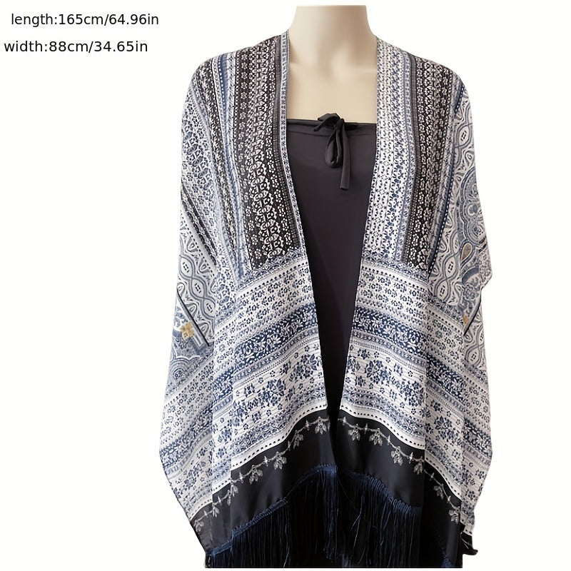 Bohemian Floral Print Shawl Long Wraps Classic Gray Windproof Cape
