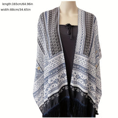 Bohemian Floral Print Shawl Long Wraps Classic Gray Windproof Cape