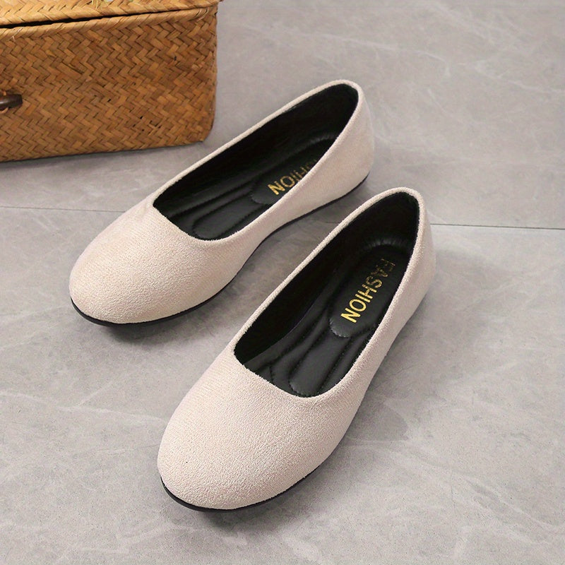 Women's Round Toe Flat Shoes Comfy Solid Micro Suede Casual Slip On Flats
