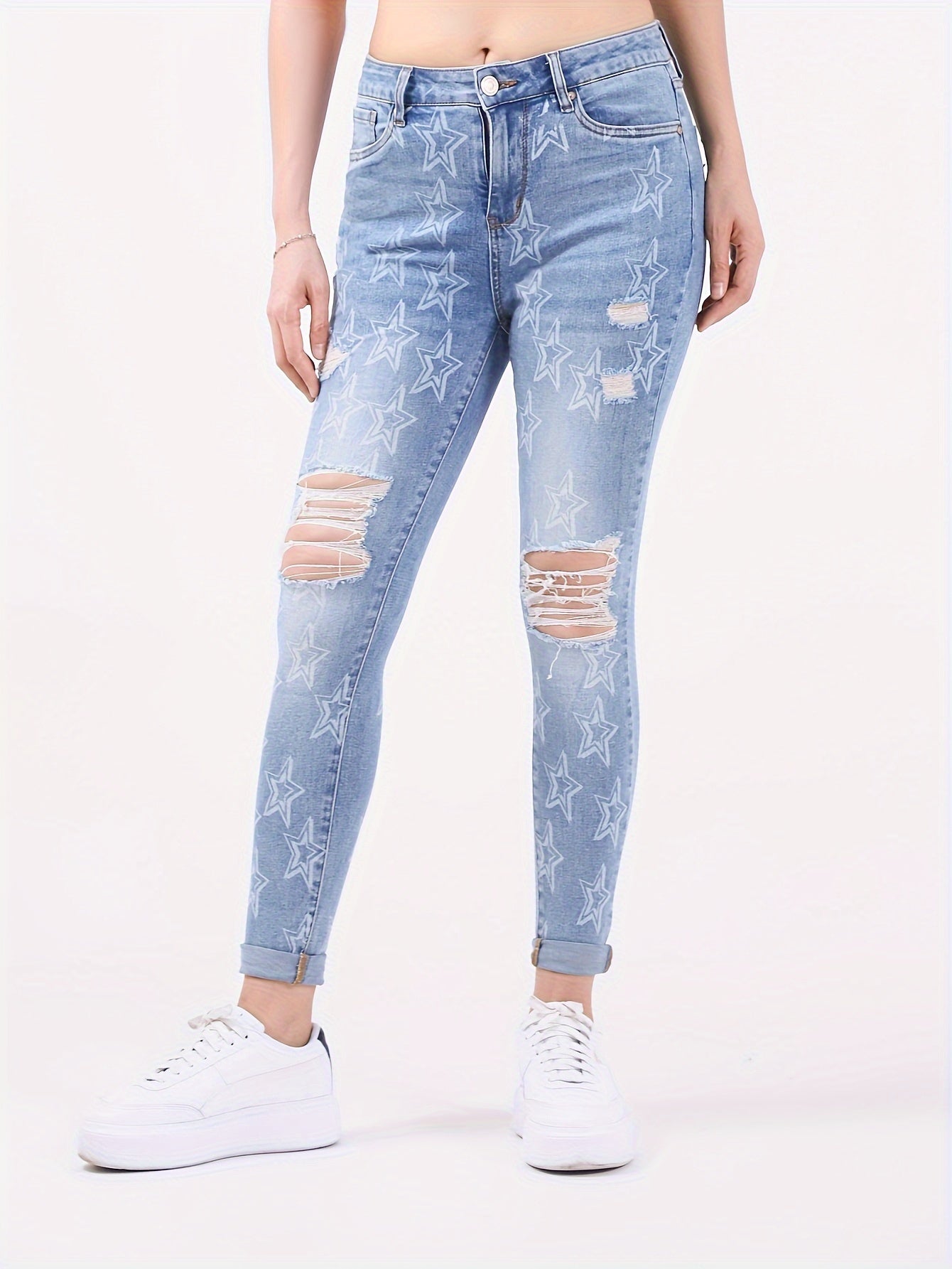 Star Print Ripped High Rise Skinny Jeans