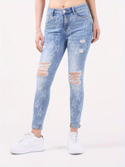 Star Print Ripped High Rise Skinny Jeans