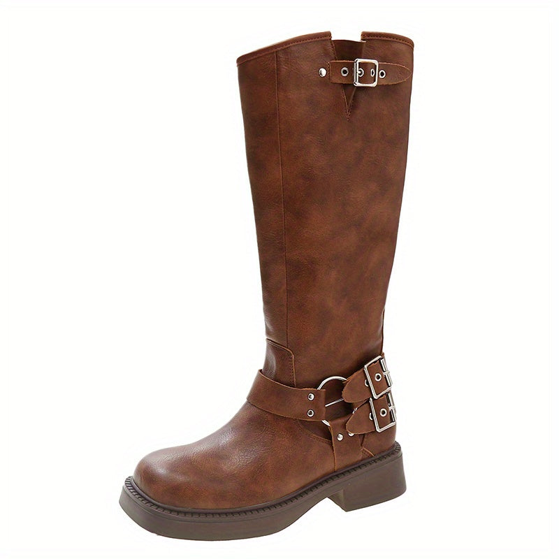 Women's Knee High Buckle Strap Boots Square Toe Solid Riding Boots
