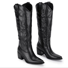 Women's Western Cowboy Boots Chunky Heel Embroidered Wide Calf
