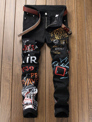 Graffiti Pattern Slim Fit Jeans Mens Casual Slightly Stretch Denim Pants