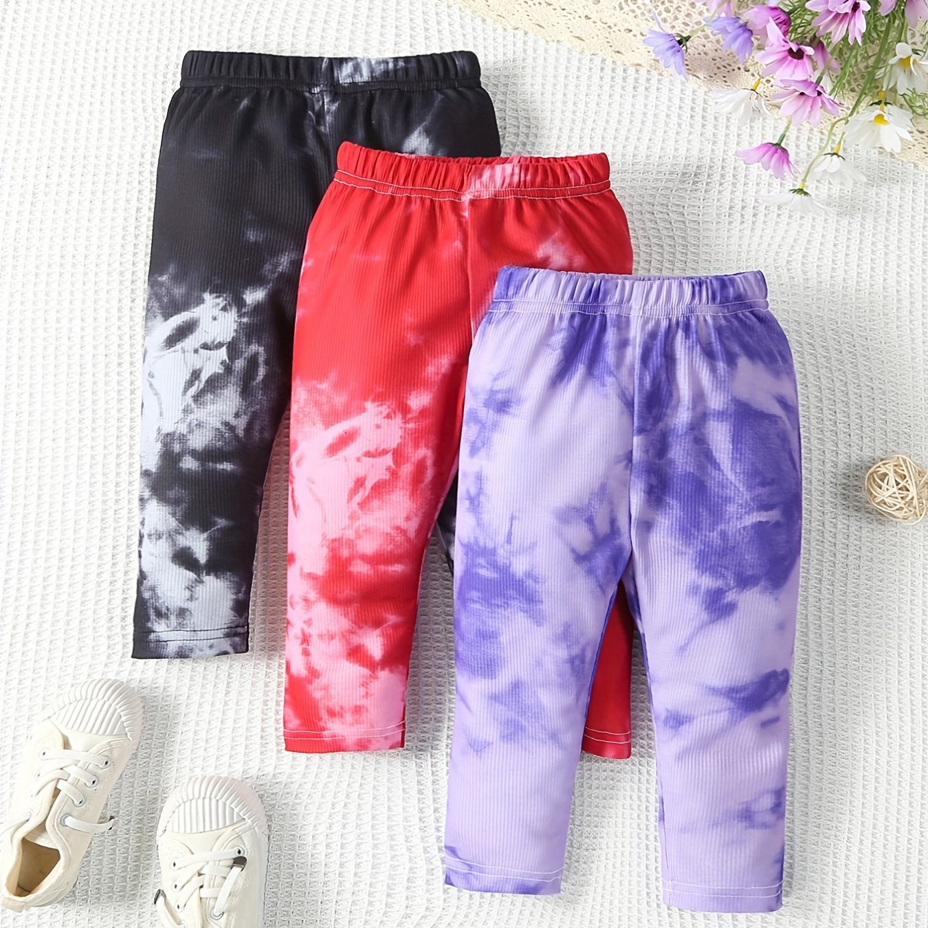 3pcs Baby's Tie Dye Ribbed Long Pants Spring Autumn Trousers