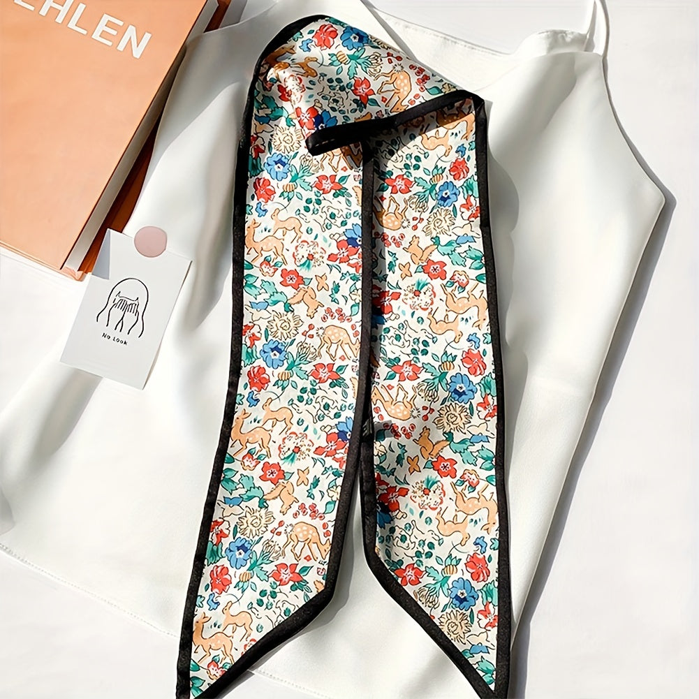 Green Floral Print Skinny Scarf Silk Hair Ribbon Satin Neckerchief Twilly Scarf