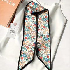 Green Floral Print Skinny Scarf Silk Hair Ribbon Satin Neckerchief Twilly Scarf