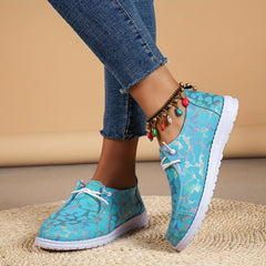 Leopard Pattern Boat Shoes Low Top Walking Lace Up Casual Flats