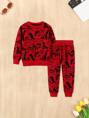Boy's Dino Pattern Sweatshirt & Sweatpants Set For Spring Fall Winter