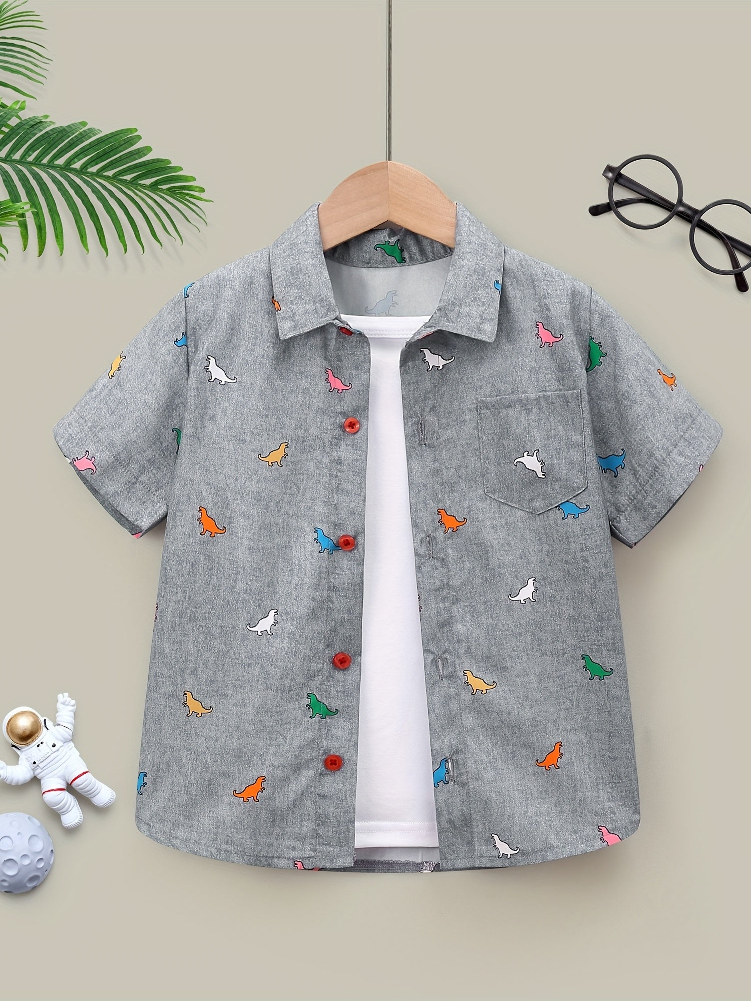 Dinosaur Graphic Print Boys Casual Short Sleeve Shirt