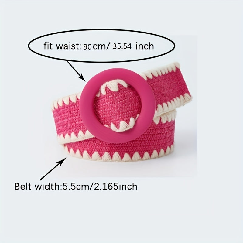 Candy Woven Belt Round Buckle Dress Belt Stylish Casual Straw Waist Belts