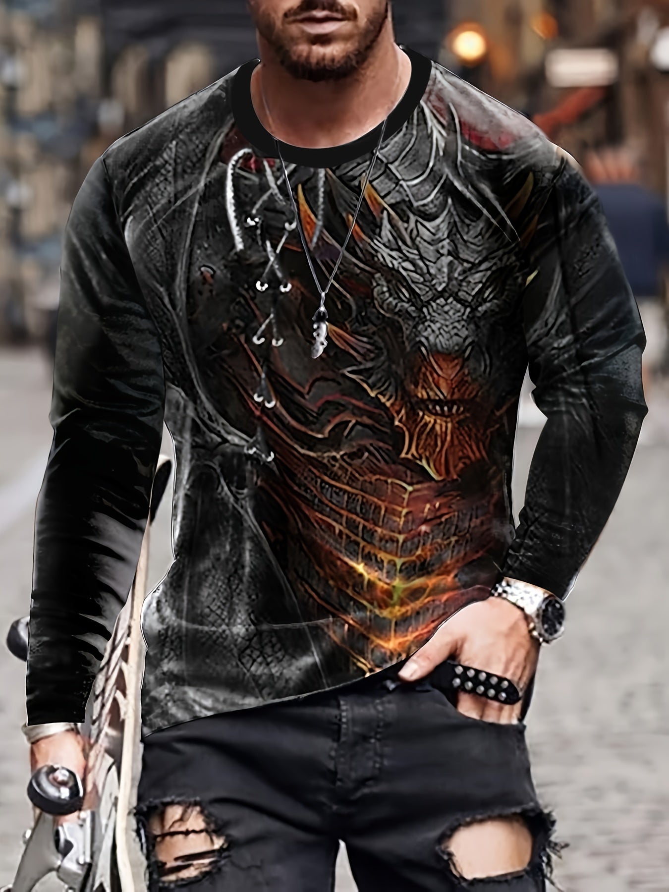 Monster 3D Print Men's Long Sleeve T-Shirt Vintage Style Tee Autumn Clothing