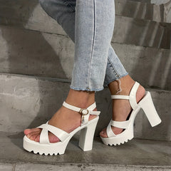 Solid Block Heel Ankle Strap Platform Pumps