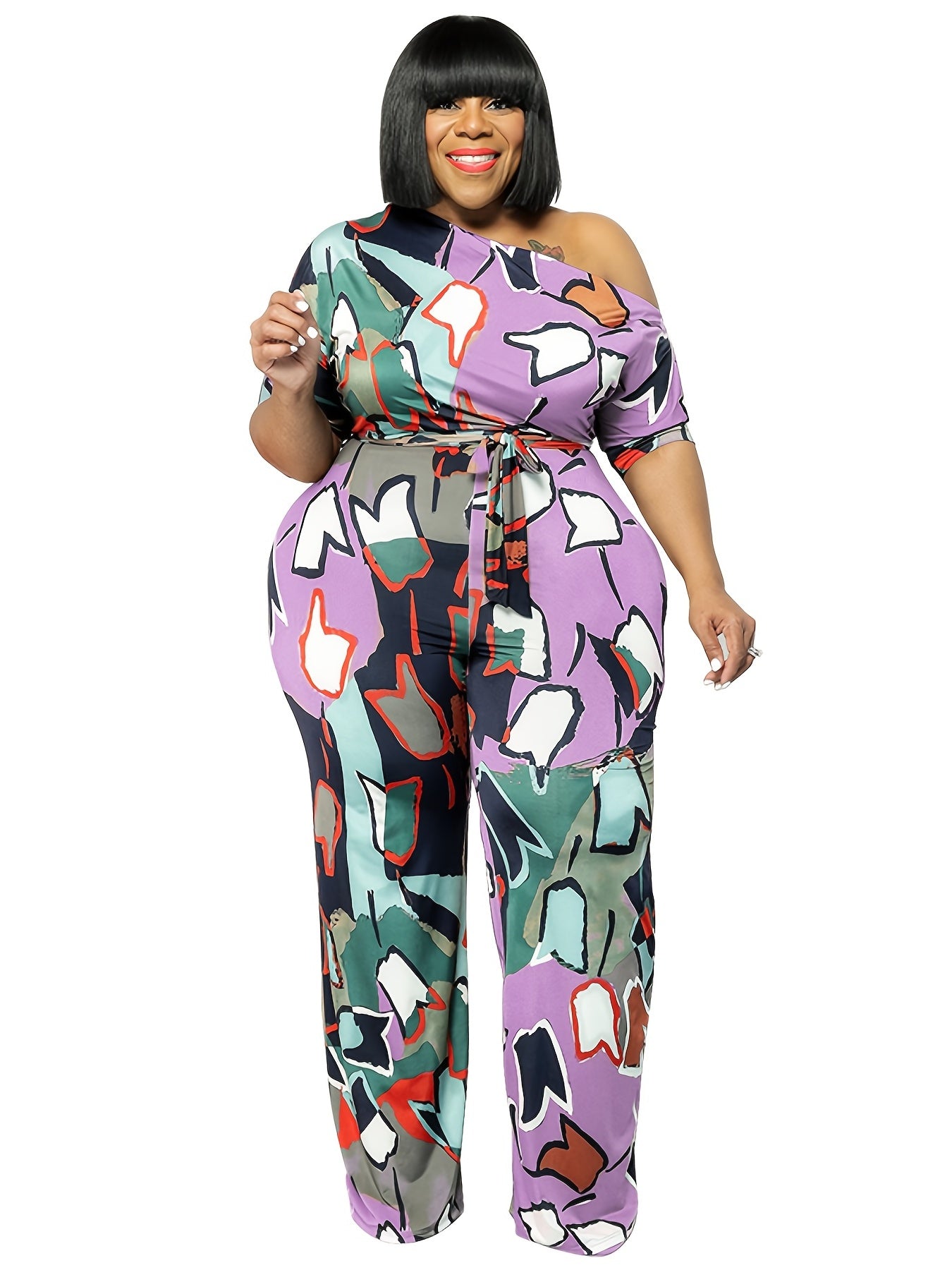 Graphic Print One Off Shoulder Jumpsuit