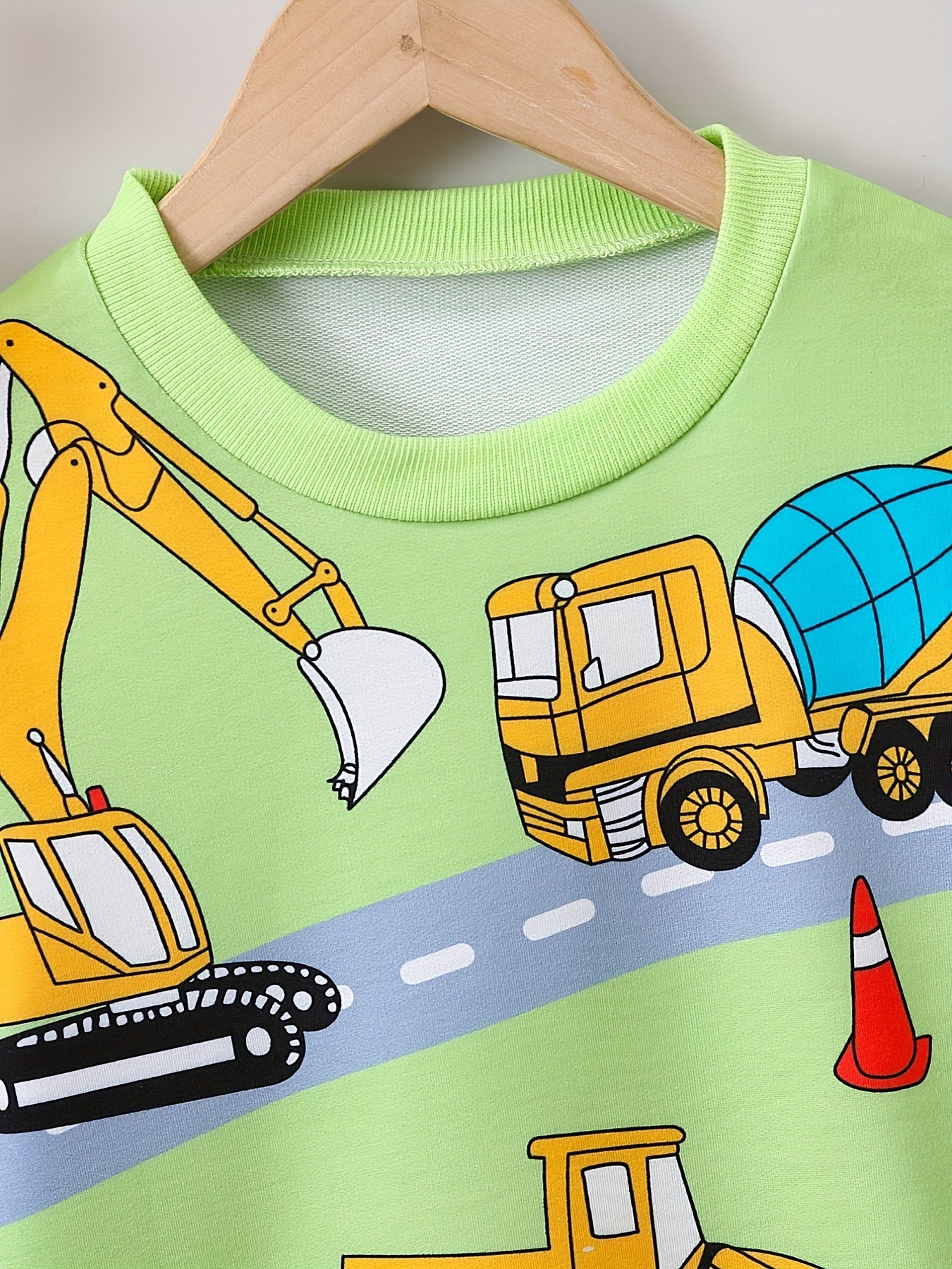 Cartoon Excavator Car Print Boys Pullover Sweatshirt