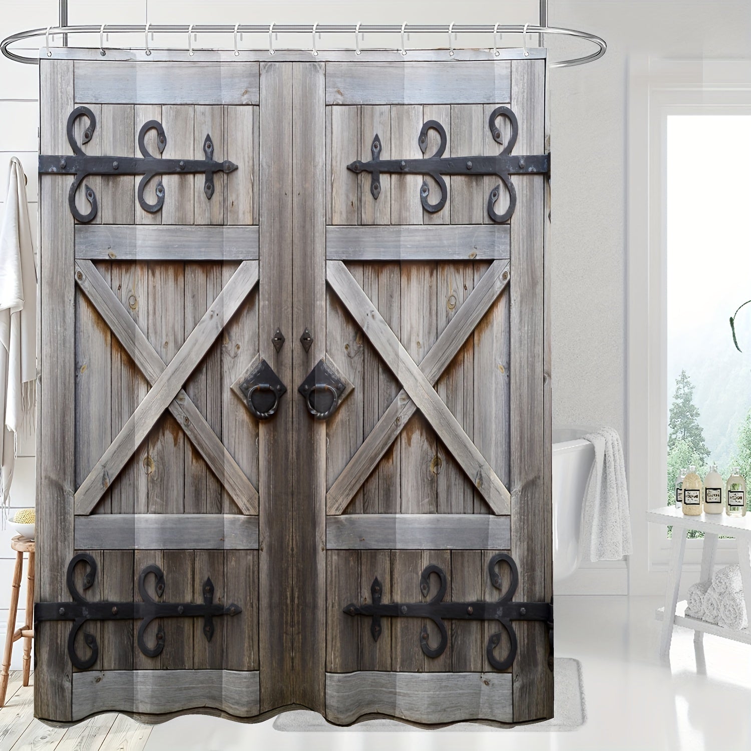 Gray Barn Door Vintage Fabric Shower Curtain Waterproof w/ Plastic Hooks
