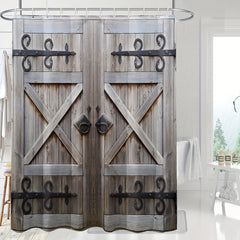 Gray Barn Door Vintage Fabric Shower Curtain Waterproof w/ Plastic Hooks