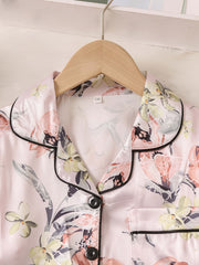 Kids Flower Pattern Satin Lounge Wear Top & Pants Set