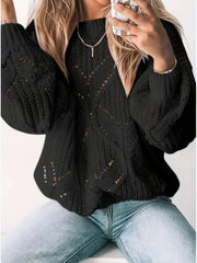 Solid Pointelle Knit Crew Neck Long Sleeve Sweater