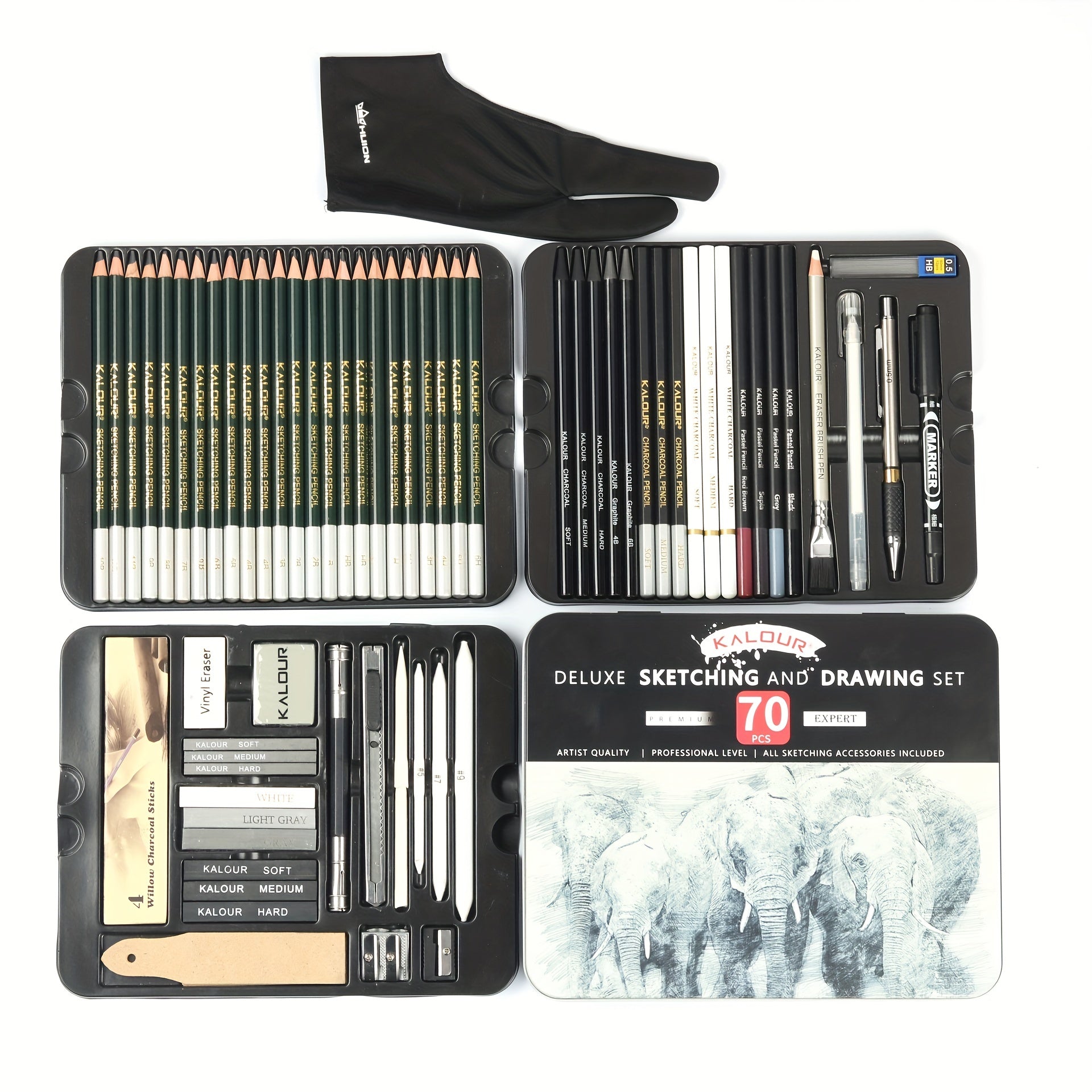 70pcs Sketch Drawing Pencils Kit Tin Box Charcoal Drawing Glove Pro Art Supplies