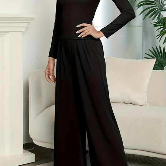 Lounge Solid 2pc Set Slim Long Sleeve T shirt & Wide Leg Pants