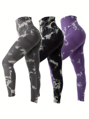3 Pcs Tie Dye Slimming Yoga Sports Leggings Tummy Control Fitness Workout Tights