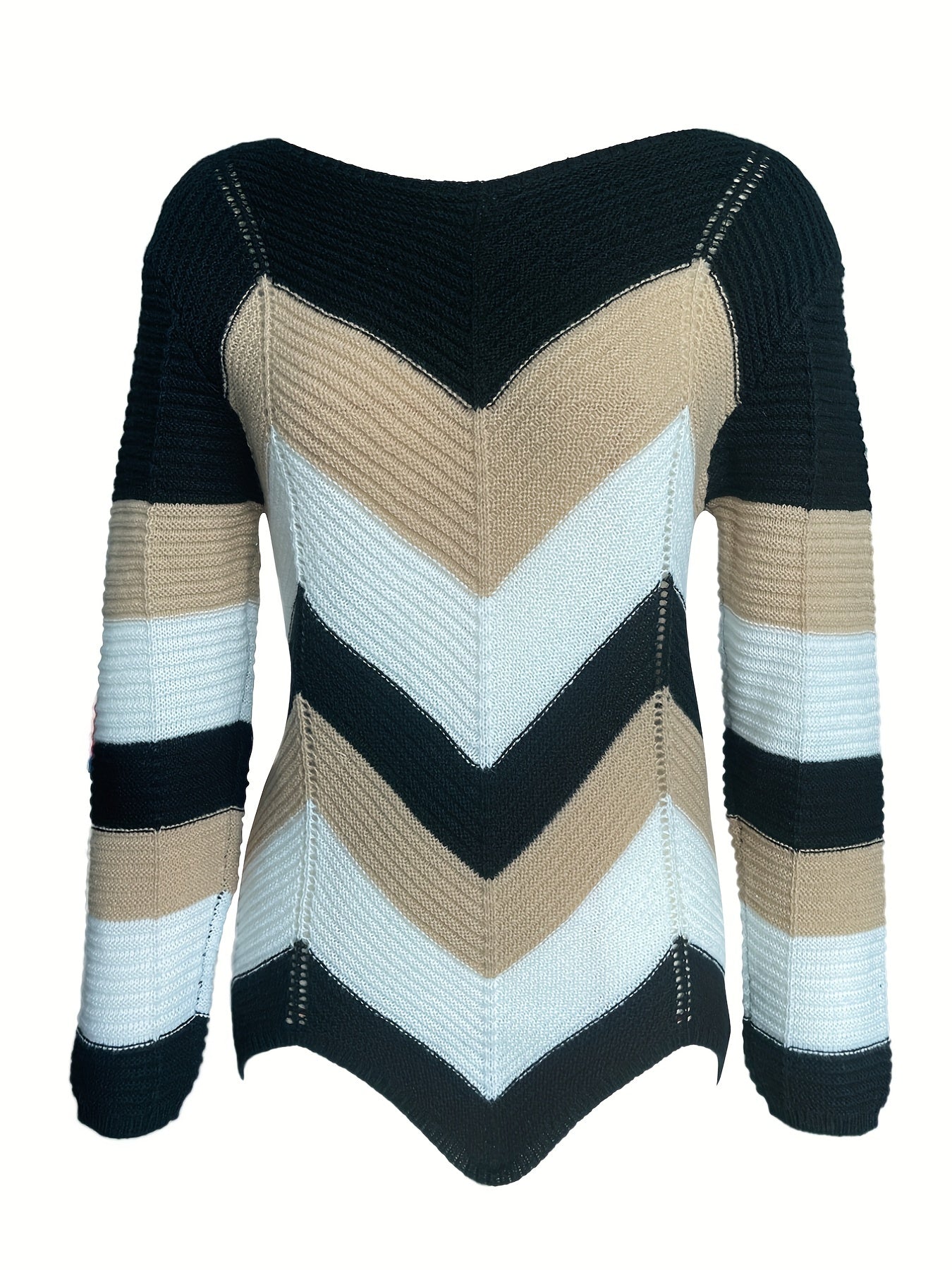 Hollow Block Knit Sweater Long Sleeve Women's Clothing